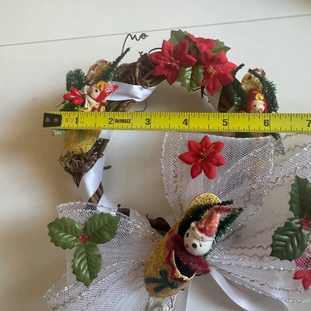 Vintage Christmas Wreath Spun Cotton Figures Japan Glitter elves 7 inch 1960's